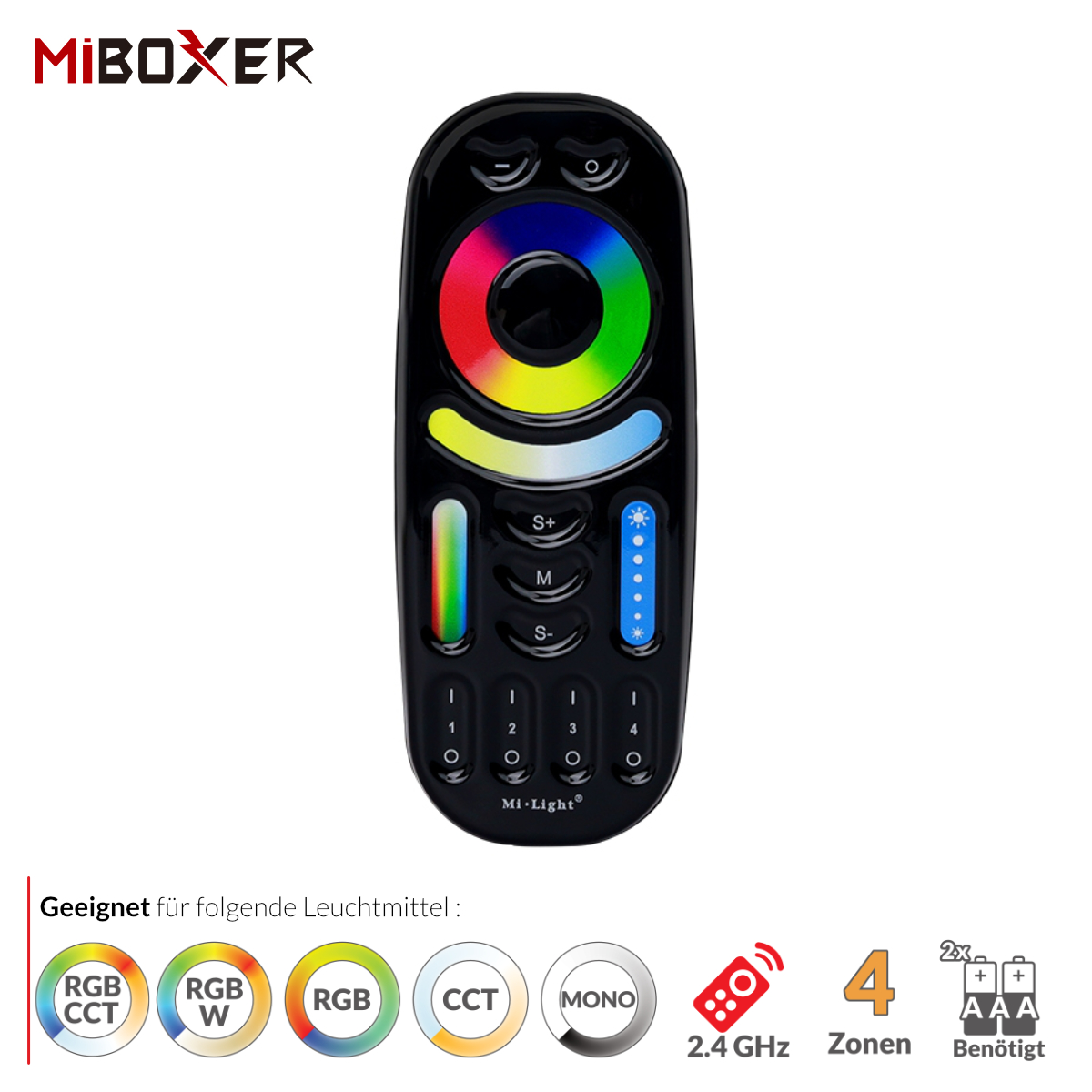 4 Zonen Fernbedienung | RGB+CCT | 2,4 GHz | Schwarz | Miboxer | FUT092-B