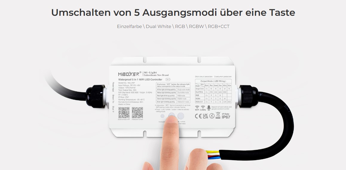 Wasserdichter 5-in-1 Controller | Einfarbig | CCT | RGB | RGBW | RGB-CCT | WLAN + 2,4GHz | Miboxer | WL5-WP – Bild 5