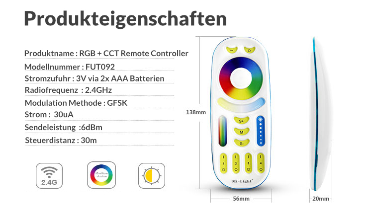 4 Zonen Fernbedienung | RGB+CCT | 2,4 GHz | Miboxer | FUT092 – Bild 12
