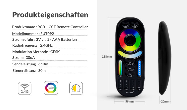 4 Zonen Fernbedienung | RGB+CCT | 2,4 GHz | Schwarz | Miboxer | FUT092-B – Bild 9